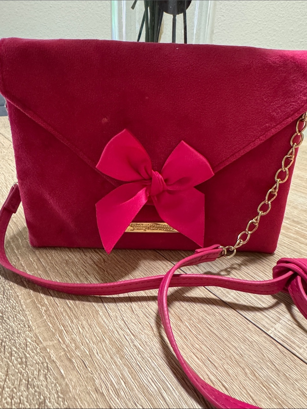 Juicy Couture Fuchsia Bow Suede Crossbody with Gold Chain
